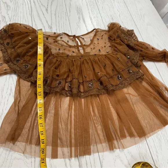 Free People Sheer Mustard Ruffle Blouse - Picture 5 of 9